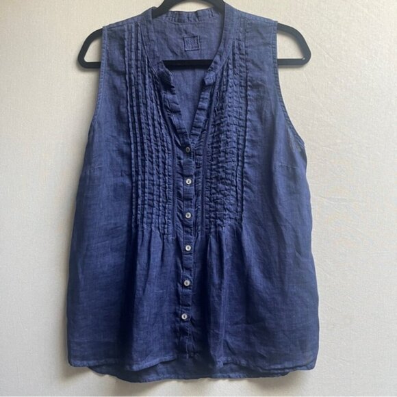 120 % Lino EAC blue linen sleeveless ruffle button up blouse Sz 46 S/M - Picture 1 of 9